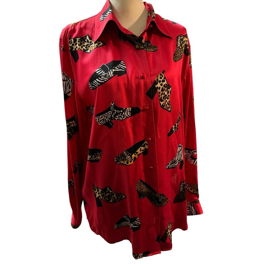 Jessica Holbrook Vintage 100% Silk Blouse, Red Animal Print Shoes, Small